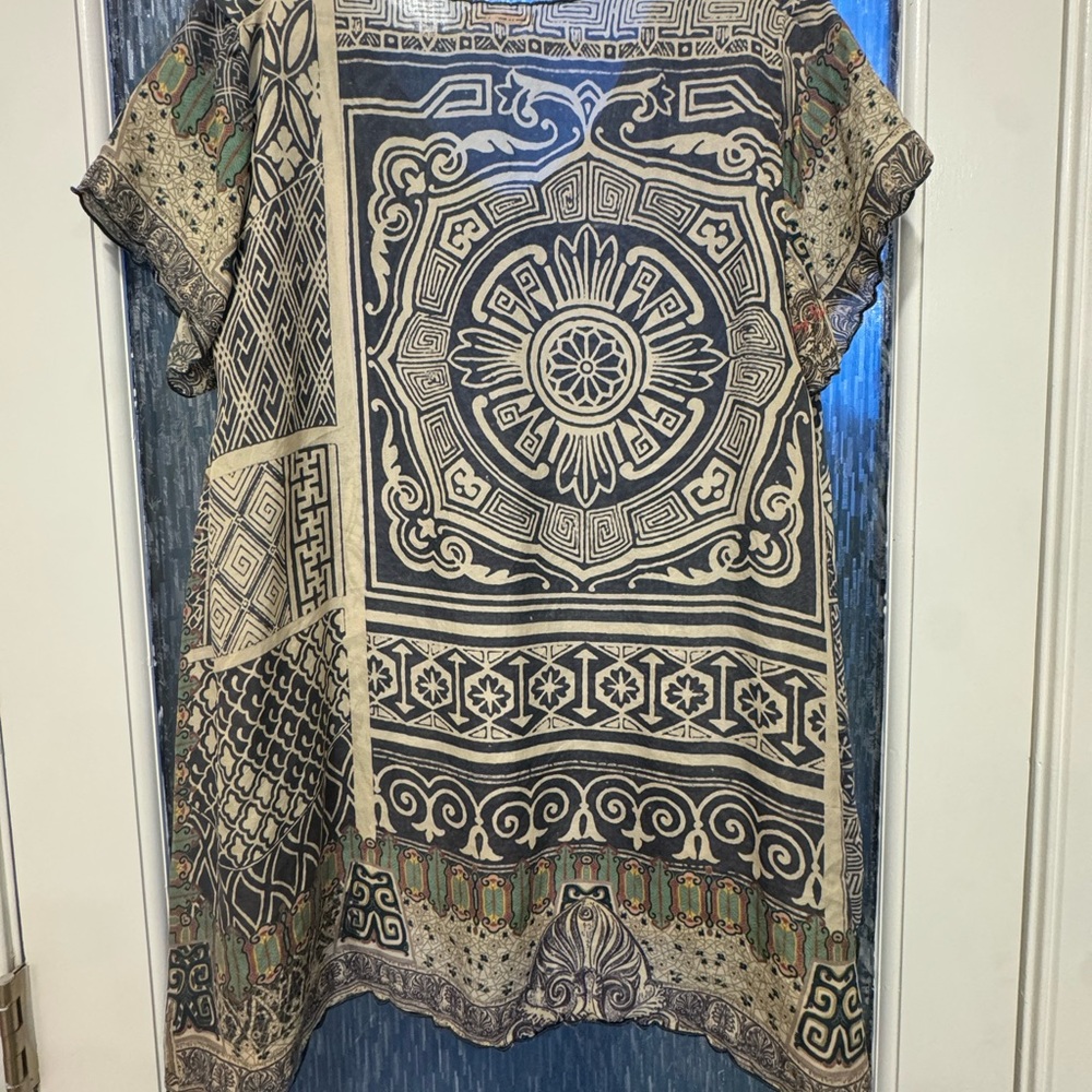 Johnny Was Black and Beige Printed Tunic with Green Accents - Picture 2 of 3
